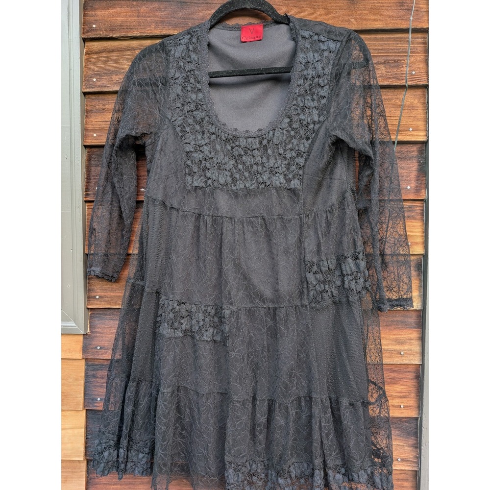 Dark Romantic black Lace Whimsigoth Lagenlook Faire Dress Med Bell Sleeve